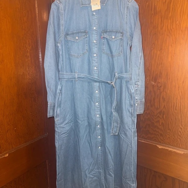 Button-Front Denim Maxi Dress With Belt